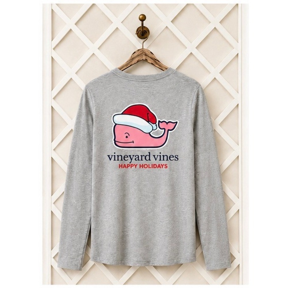 Vineyard Vines Gray Long Sleeve Holiday Special‎ Whale Graphic Pocket Tee Size L